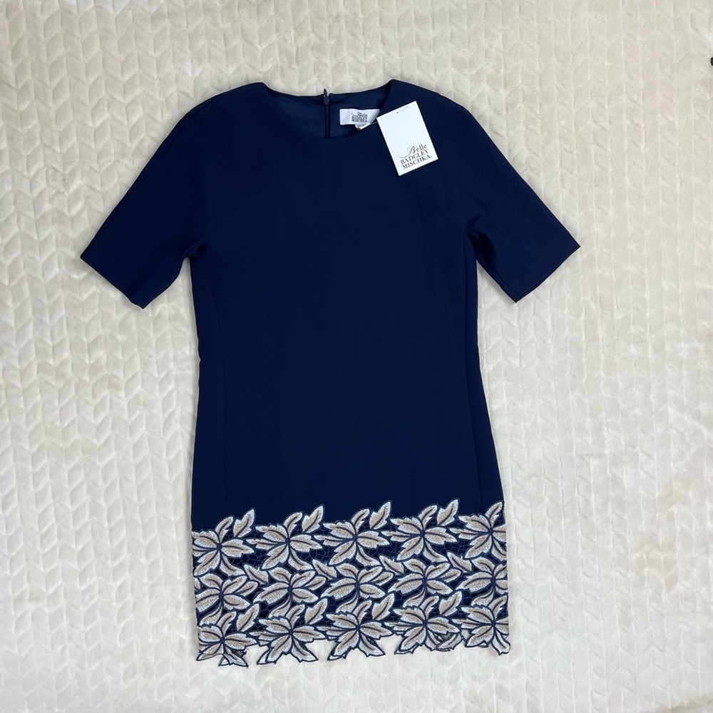 NWT- Belle Badgley Mischka Dress- Women Size 0- Navy/Gold